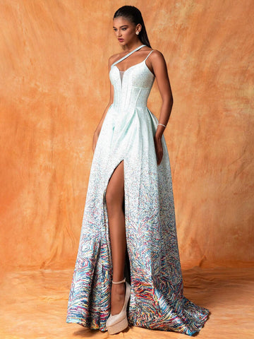 Women's One Shoulder Hollow Out Sleeveless Maxi French Style Elegant Evening Dress With High Side Slit