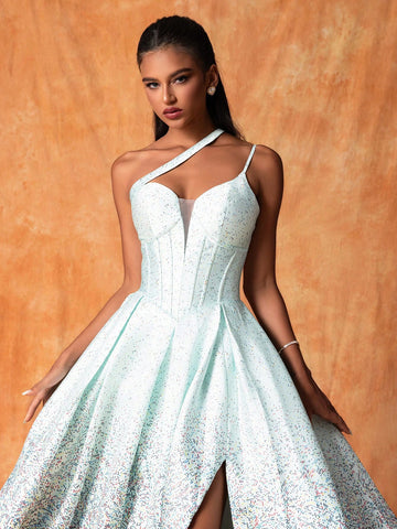 Women's One Shoulder Hollow Out Sleeveless Maxi French Style Elegant Evening Dress With High Side Slit