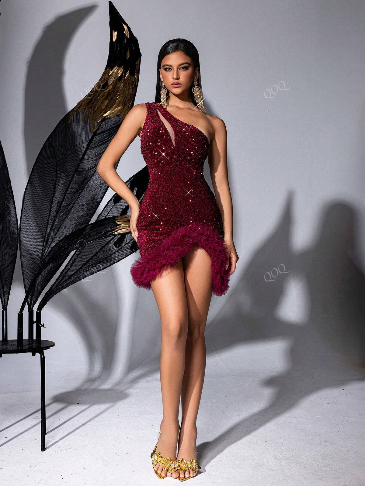 Women's One Shoulder Hollow Shiny Sequins Burgundy Party Dress