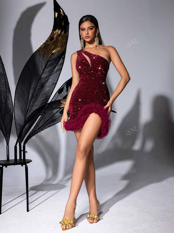 Women's One Shoulder Hollow Shiny Sequins Burgundy Party Dress