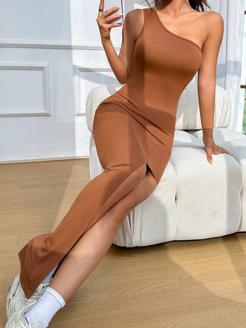 Women's One Shoulder Sleeveless High Slit Dress