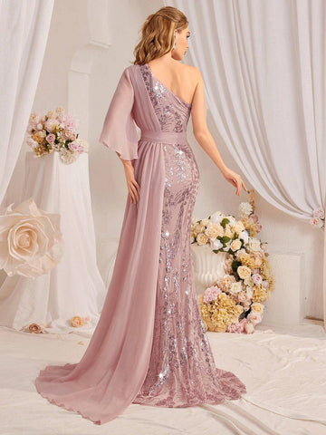 Women's One Shoulder Sparkle Patchwork Formal Evening Dress