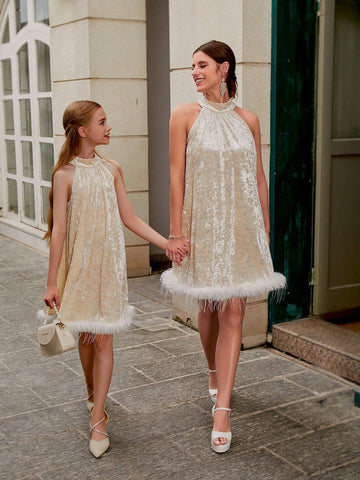 Women's Open Shoulder Plush Hem Decorated Mother And Daughter Matching Dress