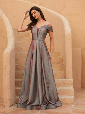 Women's Open Shoulder Ruched Party Evening Dress Woman Formal Ball Gown