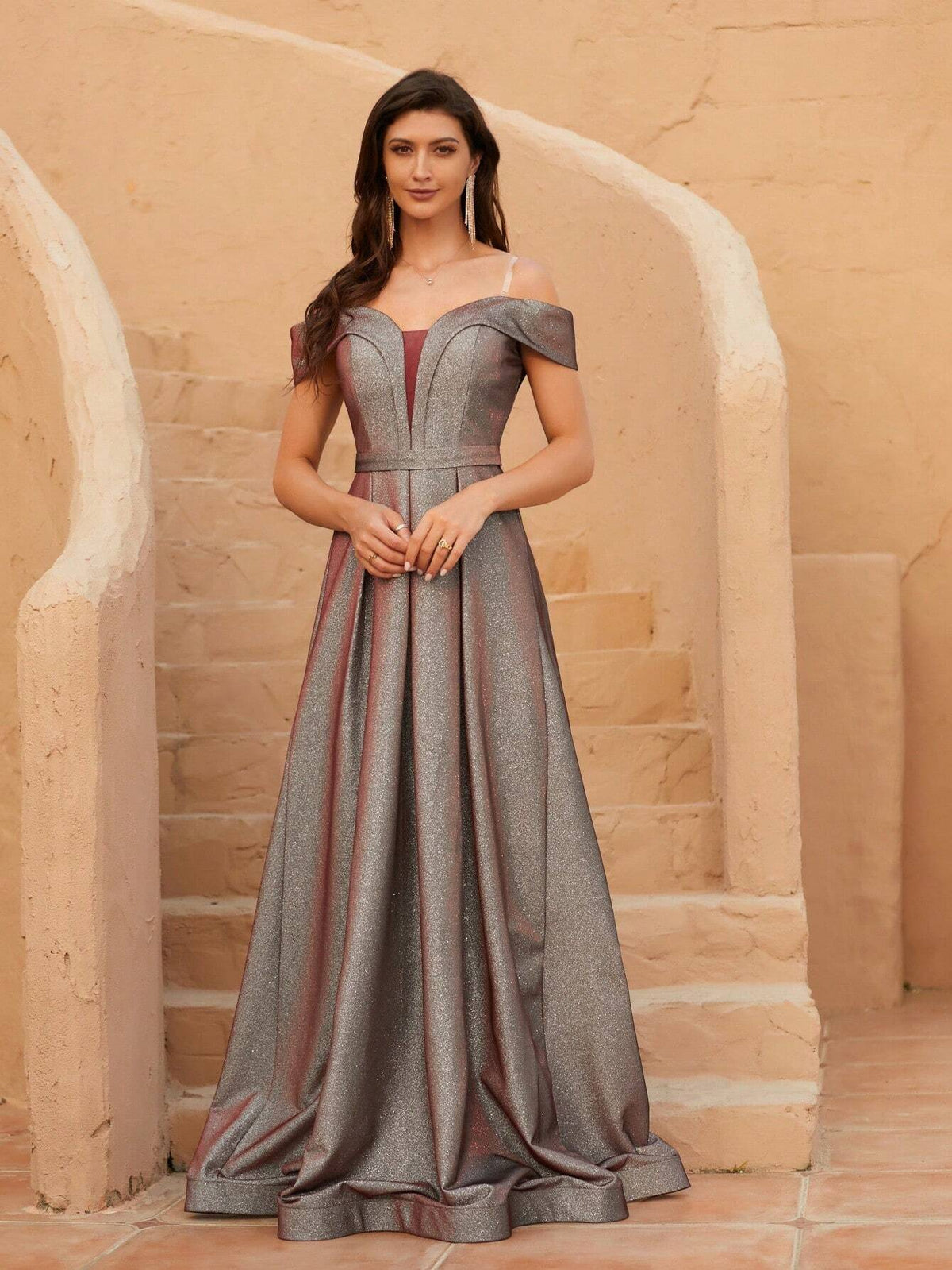 Women's Open Shoulder Ruched Party Evening Dress Woman Formal Ball Gown