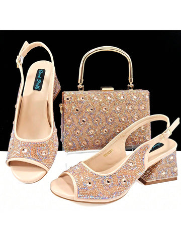 Women's Open Toe High Heel Shoes & Trapezoid Hard Case Clutch Bag Set, Spiral Floral Decor