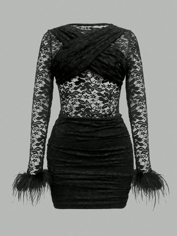 Women's Party Lace Patchwork Feather Tassel Super Mini Bodycon Dress