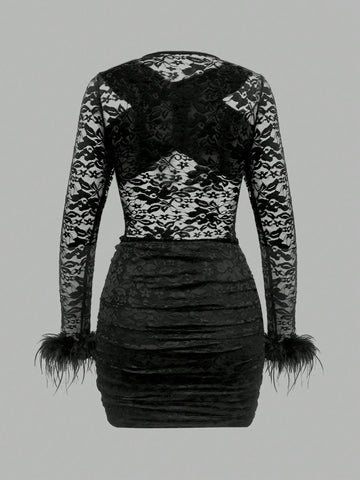 Women's Party Lace Patchwork Feather Tassel Super Mini Bodycon Dress