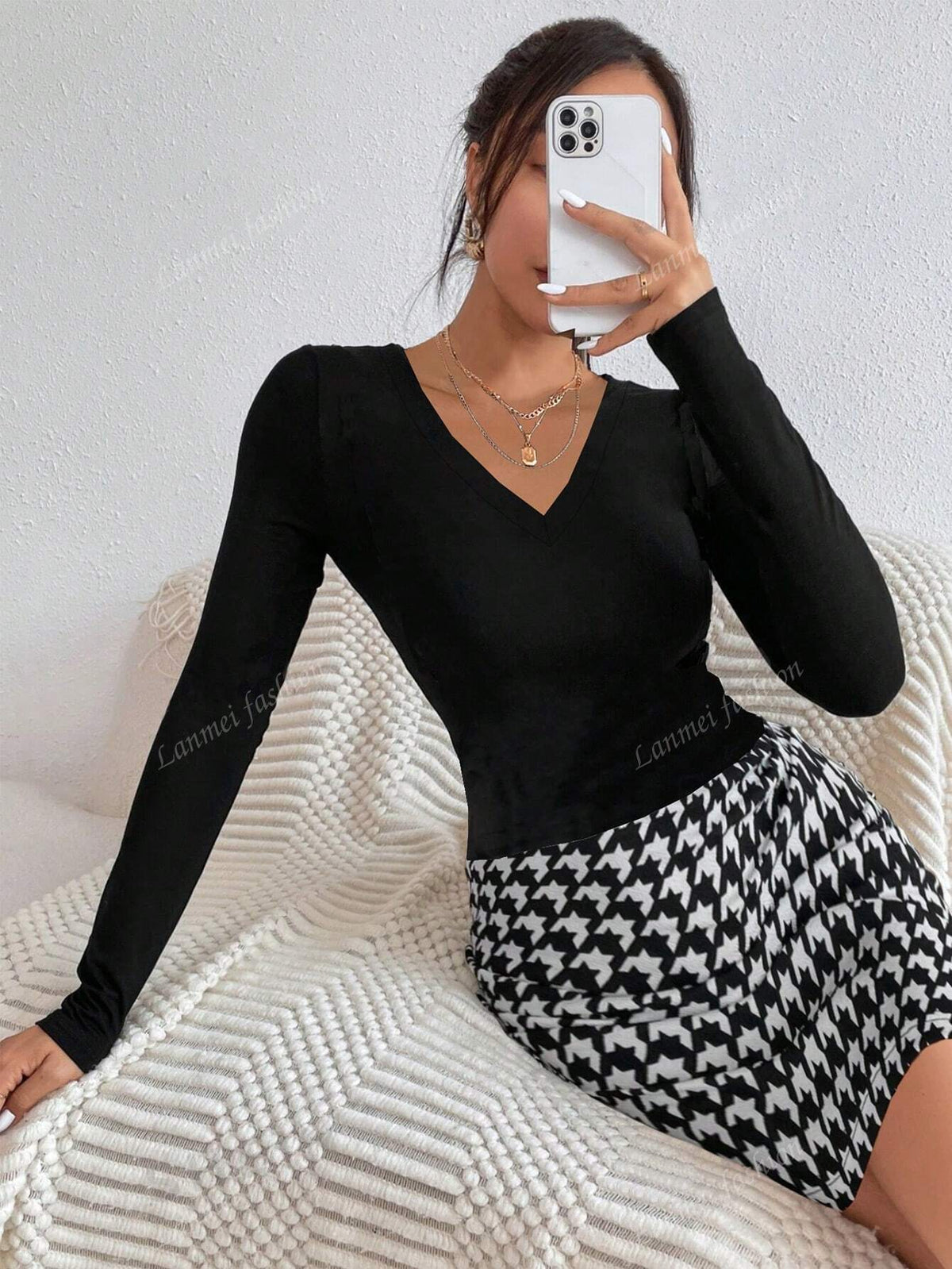 Women's Patchwork Houndstooth Hem V-Neck Long Sleeve Elegant Short Dress