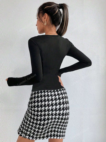 Women's Patchwork Houndstooth Hem V-Neck Long Sleeve Elegant Short Dress
