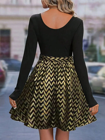 Women's Patchwork Long Sleeve Plaid & Floral Print Midi Dress, 4 Seasons