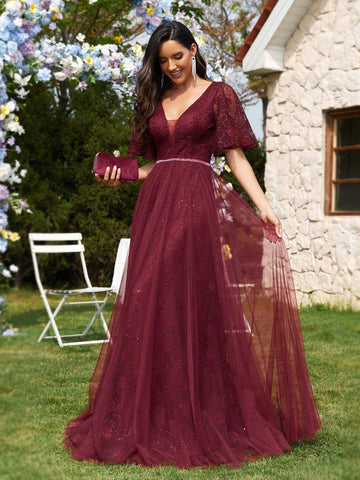 Women's Patchwork Mesh & Lace Ruffle Sleeve Evening Party Dress