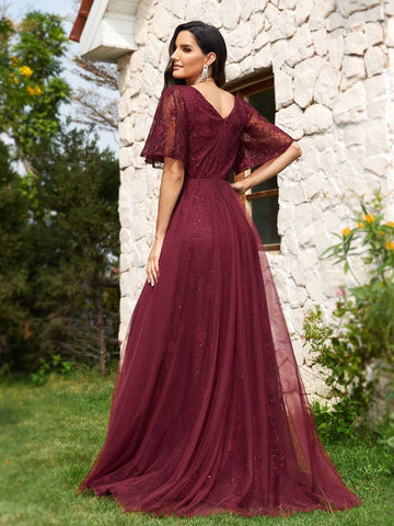 Women's Patchwork Mesh & Lace Ruffle Sleeve Evening Party Dress