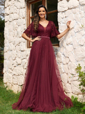 Women's Patchwork Mesh & Lace Ruffle Sleeve Evening Party Dress