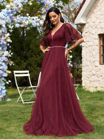 Women's Patchwork Mesh & Lace Ruffle Sleeve Evening Party Dress