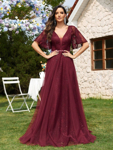 Women's Patchwork Mesh & Lace Ruffle Sleeve Evening Party Dress