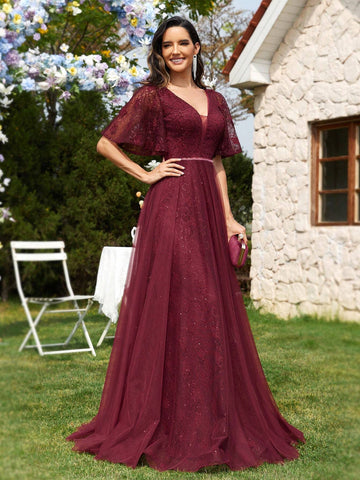 Women's Patchwork Mesh & Lace Ruffle Sleeve Evening Party Dress