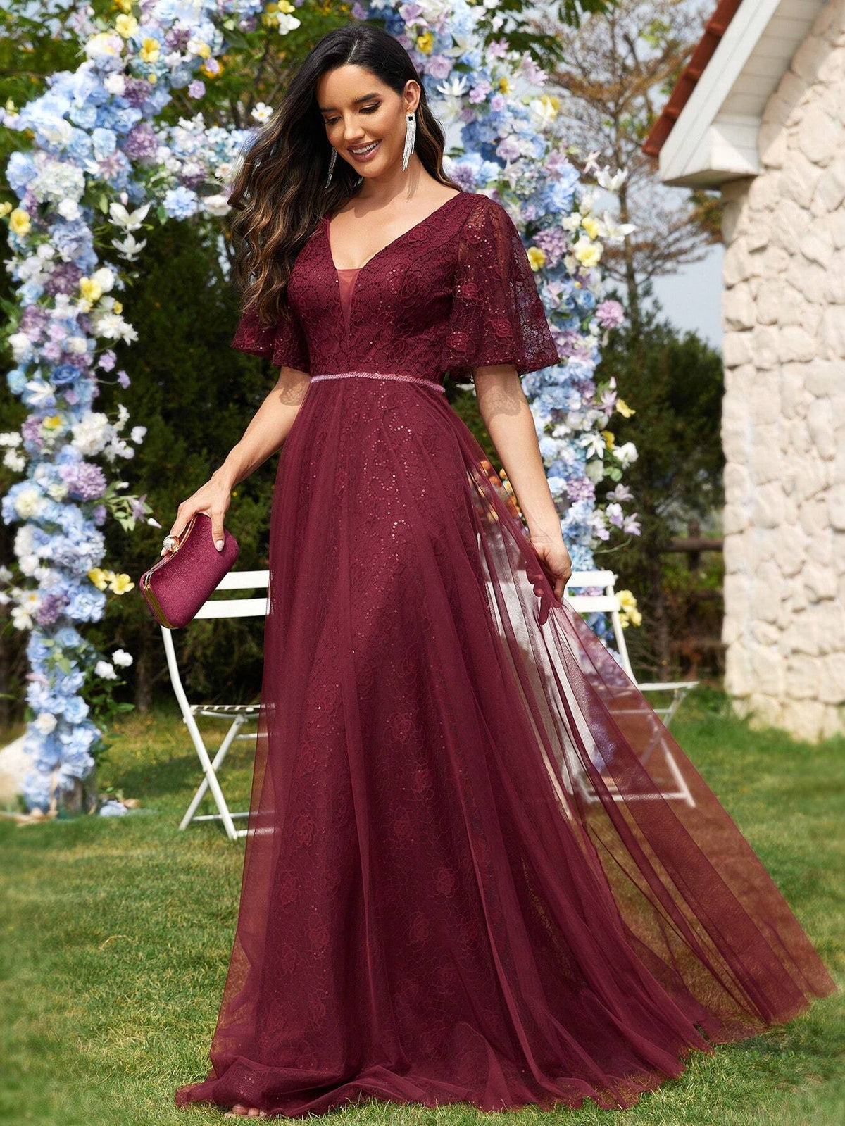 Women's Patchwork Mesh & Lace Ruffle Sleeve Evening Party Dress