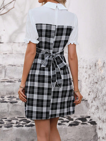 Women's Patchwork Plaid Short Puff Sleeve Dress