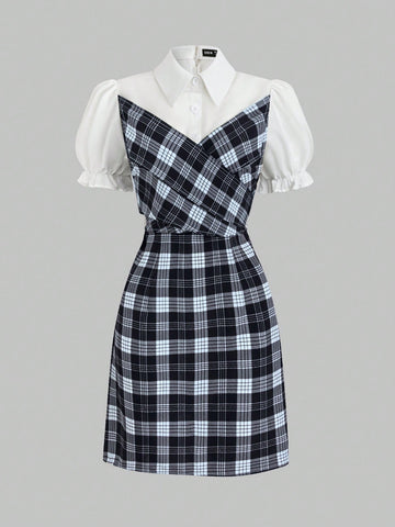 Women's Patchwork Plaid Short Puff Sleeve Dress