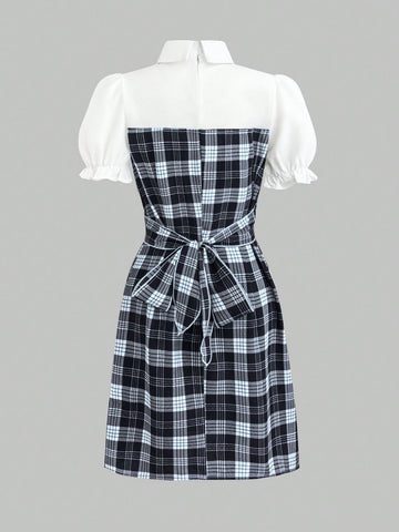 Women's Patchwork Plaid Short Puff Sleeve Dress