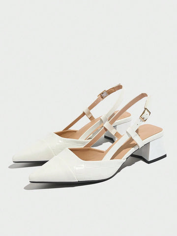 Women's Patchwork Solid Color Pointed Toe Slingback Thick Heel Slip-On Closed Toe High Heels,