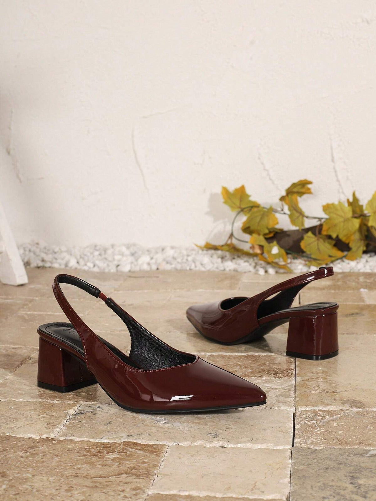 Women's Patent Leather Wine Red Chunky Heel Pumps, Elegant High Heel Shoes With Elastic Band