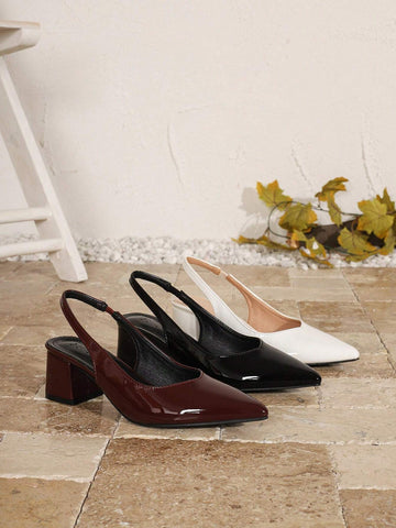 Women's Patent Leather Wine Red Chunky Heel Pumps, Elegant High Heel Shoes With Elastic Band