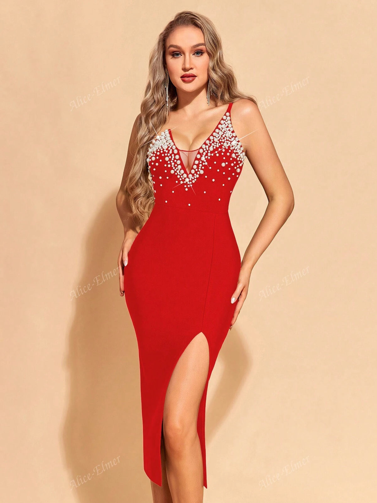 Women's Pearl Beading One Shoulder Tight Bodycon Bandage Dress,Gorgeous Split Midi Zipper Back Sleeveless Dress For Cocktail Party,Ladies Clothes For All Seasons