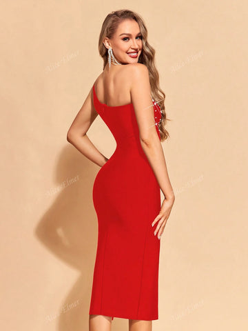 Women's Pearl Beading One Shoulder Tight Bodycon Bandage Dress,Gorgeous Split Midi Zipper Back Sleeveless Dress For Cocktail Party,Ladies Clothes For All Seasons