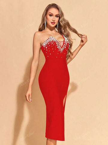 Women's Pearl Beading One Shoulder Tight Bodycon Bandage Dress,Gorgeous Split Midi Zipper Back Sleeveless Dress For Cocktail Party,Ladies Clothes For All Seasons