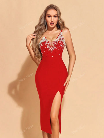 Women's Pearl Beading One Shoulder Tight Bodycon Bandage Dress,Gorgeous Split Midi Zipper Back Sleeveless Dress For Cocktail Party,Ladies Clothes For All Seasons