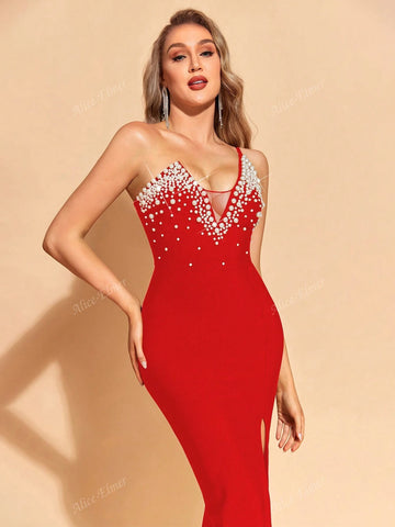 Women's Pearl Beading One Shoulder Tight Bodycon Bandage Dress,Gorgeous Split Midi Zipper Back Sleeveless Dress For Cocktail Party,Ladies Clothes For All Seasons