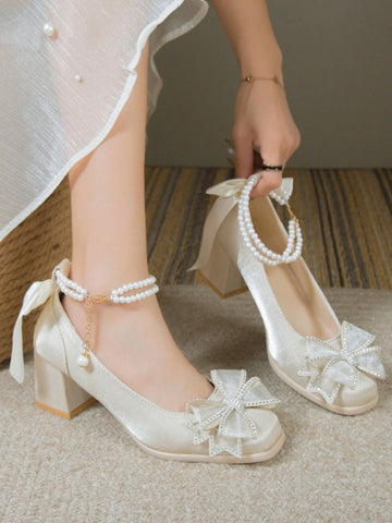 Women's Pearl Chain Decor Solid Color Fairy Style Wedding/Party Wear Heels, Unique Design & Elegant