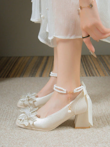 Women's Pearl Chain Decor Solid Color Fairy Style Wedding/Party Wear Heels, Unique Design & Elegant