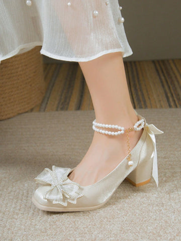 Women's Pearl Chain Decor Solid Color Fairy Style Wedding/Party Wear Heels, Unique Design & Elegant