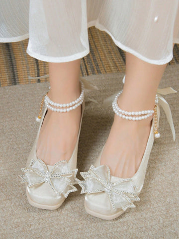 Women's Pearl Chain Decor Solid Color Fairy Style Wedding/Party Wear Heels, Unique Design & Elegant