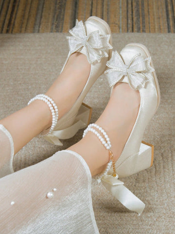 Women's Pearl Chain Decor Solid Color Fairy Style Wedding/Party Wear Heels, Unique Design & Elegant
