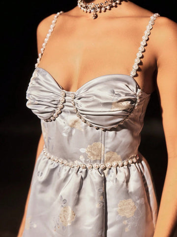 Women's Pearl Chain Decorated Jacquard Spaghetti Strap Backless Cross Strap Split Evening Formal Dress