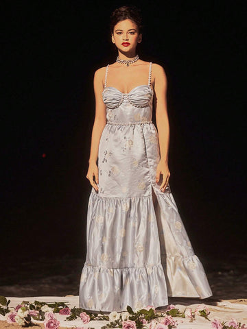 Women's Pearl Chain Decorated Jacquard Spaghetti Strap Backless Cross Strap Split Evening Formal Dress