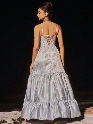 Women's Pearl Chain Decorated Jacquard Spaghetti Strap Backless Cross Strap Split Evening Formal Dress