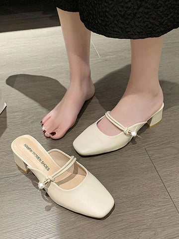 Women's Pearl Mary Jane Shoes With Toe Cap, High Heel Mules, Versatile Block Heeled Sandals
