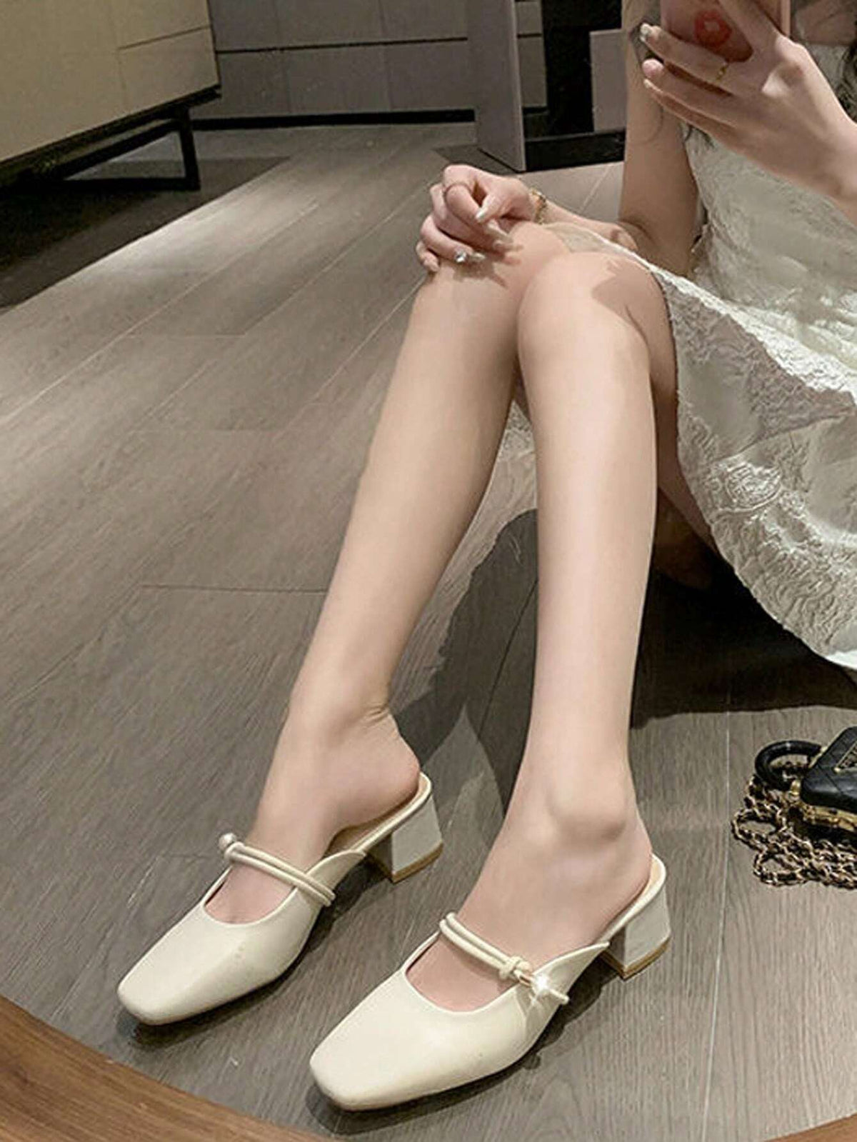 Women's Pearl Mary Jane Shoes With Toe Cap, High Heel Mules, Versatile Block Heeled Sandals