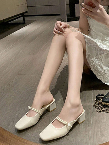 Women's Pearl Mary Jane Shoes With Toe Cap, High Heel Mules, Versatile Block Heeled Sandals