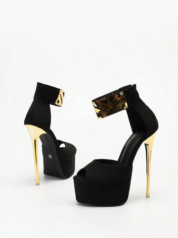 Women's Peep Toe High Heel Fashion Shoes, Gold Glitter