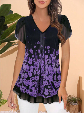Women's Petal Short Sleeve Tunic Tops Casual V Neck Blouse Double Layers Mesh Shirts