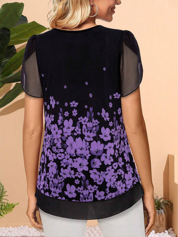Women's Petal Short Sleeve Tunic Tops Casual V Neck Blouse Double Layers Mesh Shirts