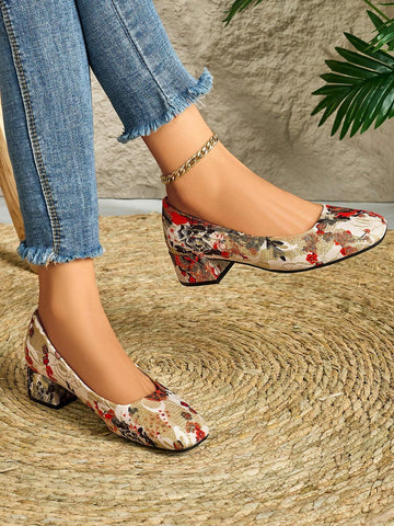 Women's Pink Embroidered Thick Heel Wedding Shoes, Fall/Winter