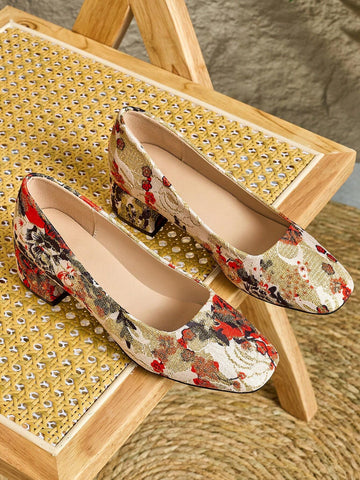 Women's Pink Embroidered Thick Heel Wedding Shoes, Fall/Winter