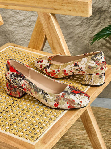 Women's Pink Embroidered Thick Heel Wedding Shoes, Fall/Winter